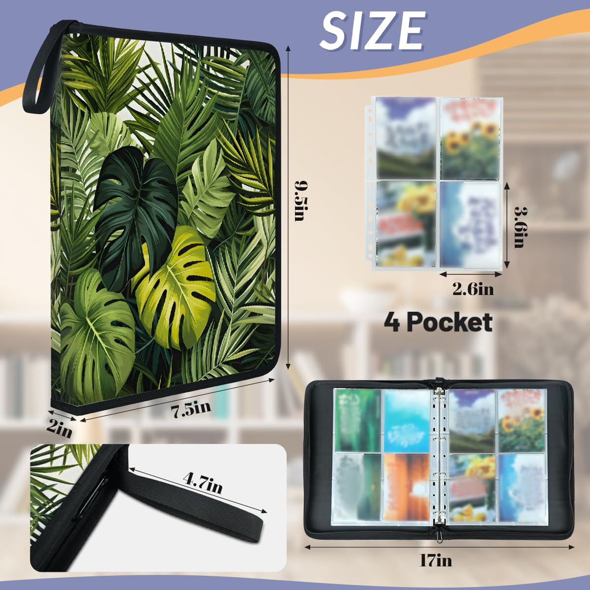 Raccoglitore per carte collezionabili con 4 tasche con foglie della giungla tropicale, raccoglitore per carte con foglie di palma, con maniche rimovibili, impermeabile, con cerniera, 50 pagine