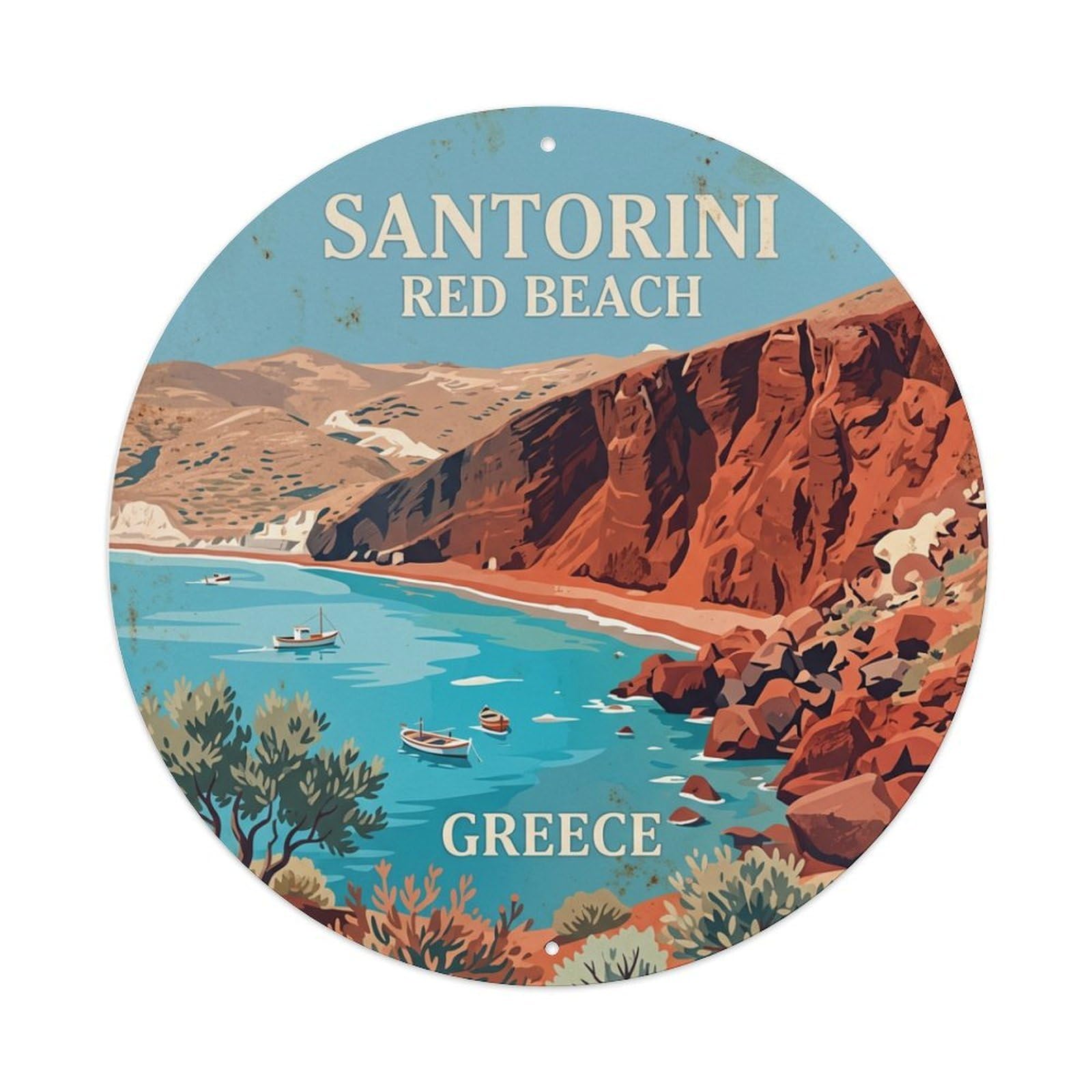 Galvaxio Style Vintage Travel Red Santorini Beach 1 Metal Tin Sign
