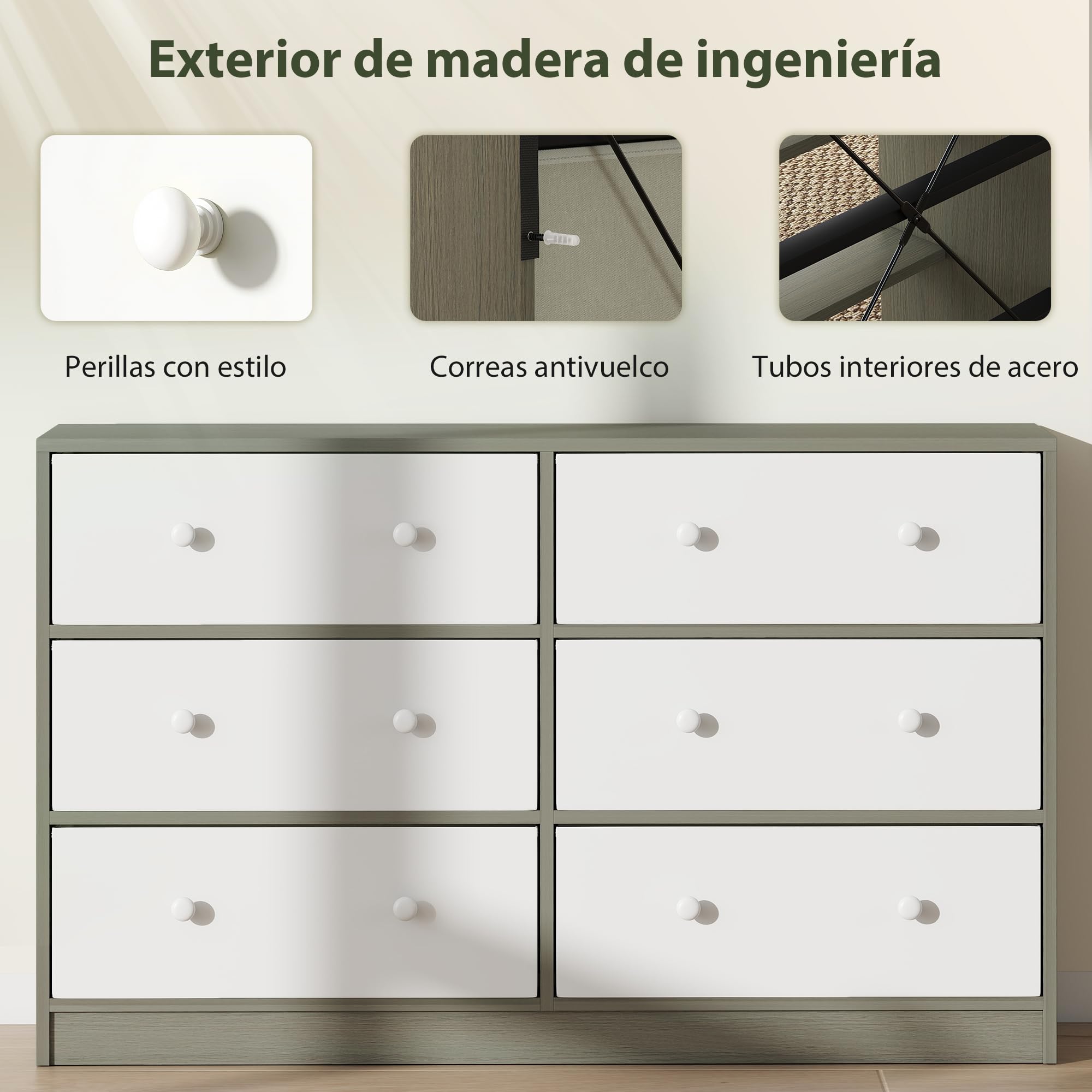 HOMCOM Cómoda con 6 Cajones de Tela, Cómoda para Dormitorio, Marco de Acero y MDF, Cajonera para Salón, Oficina, Vestidor, Blanco y Gris