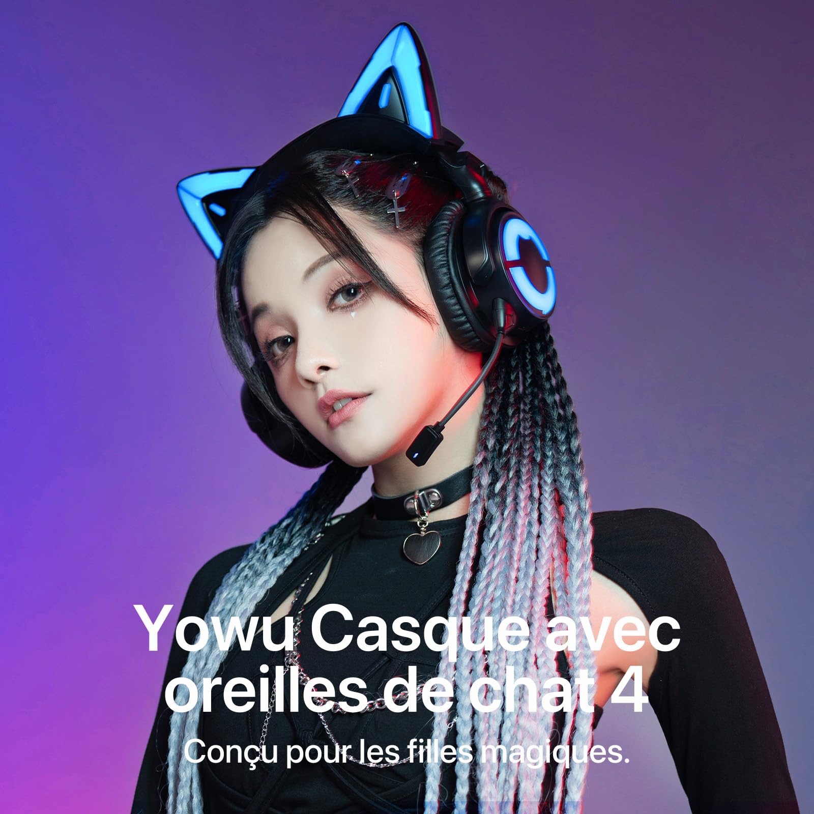 YOWU Casque de Jeu RGB Cat Ear 4, sans Fil et Filaire amélioré avec Microphone HD Amovible – Réduction du Bruit, stéréo Double Canal et éclairage et Effet Personnalisables Via l'application (Noir)