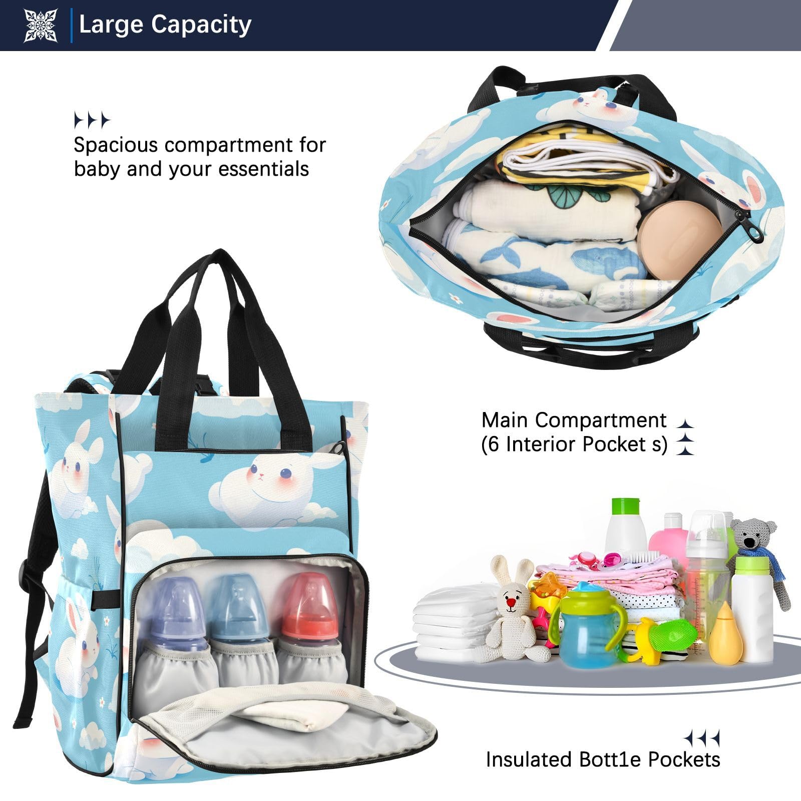 Lindo Conejo Blanco Bolsa de Pañales Mochila de Viaje Gran Capacidad Bolsas para Mamá Papá Mujeres Niñas