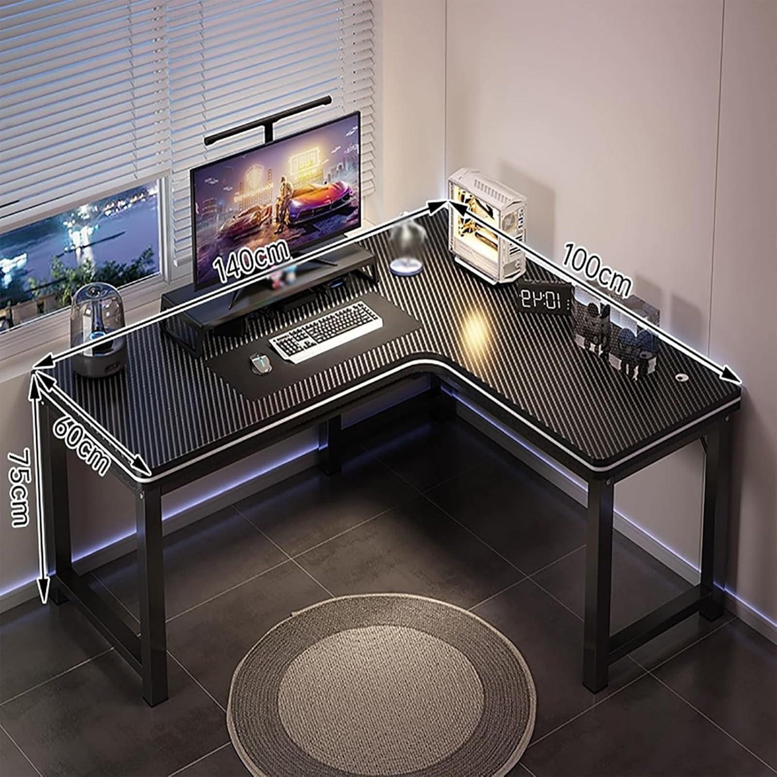 Bureau Gaming en Forme de L, Plateau d'angle en Fibre de Carbone, Structure en métal, Poste de Travail Facile à Monter pour la Chambre à Coucher, Noir, 140 x 100 mm