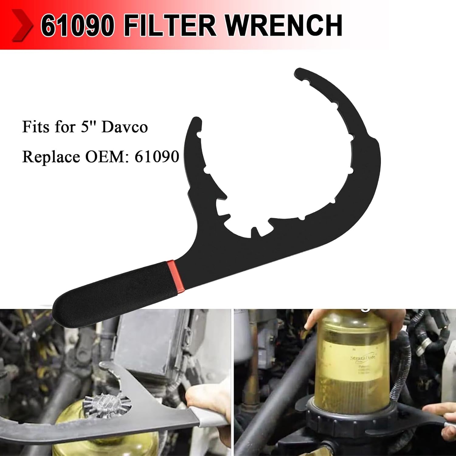 61090 Diesel Fuel Filter Wrench for Davco, 5" Oil Filter Wrench Removal Tool, Metal Filter Water Separator for Class 4, 5, and 6 Trucks, PickUp Trucks, Refrigeration Units