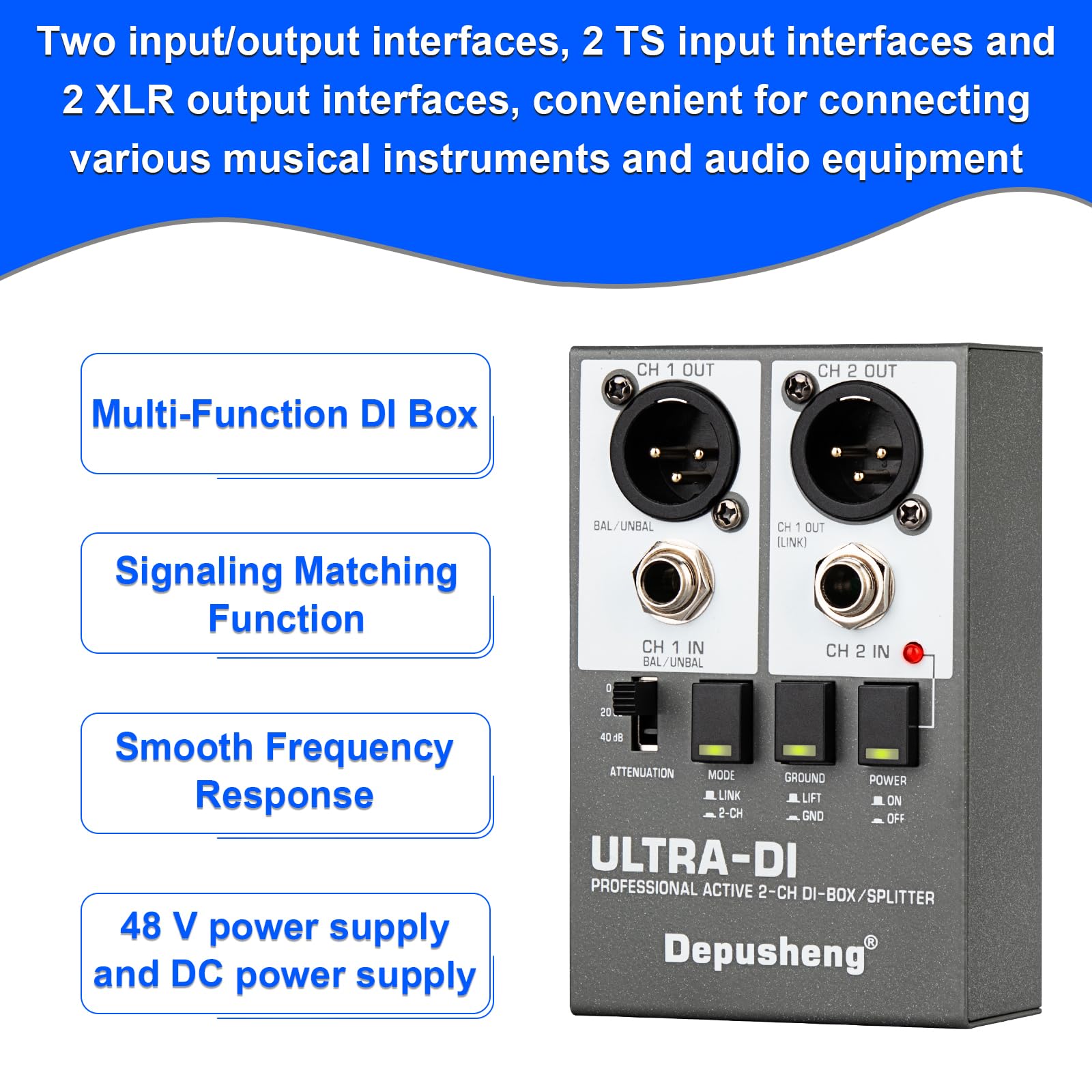 Depusheng Ultra-DI Di2 Professional Active DI-Box/Splitter a 2 canali con attenuatore di ingresso per collegare chitarra e basso, connettore bilanciato e sbilanciato, alimentazione 48V supportata