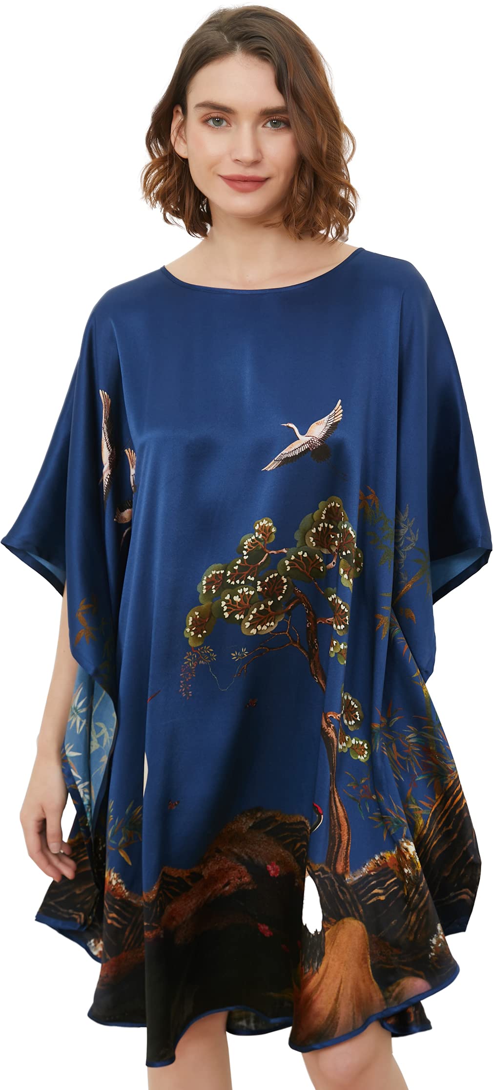 Ledamon Women's 100% Silk Short Robe Bathrobe Nightgown Pajama Sleepwear -Classic Batwing Sleeved