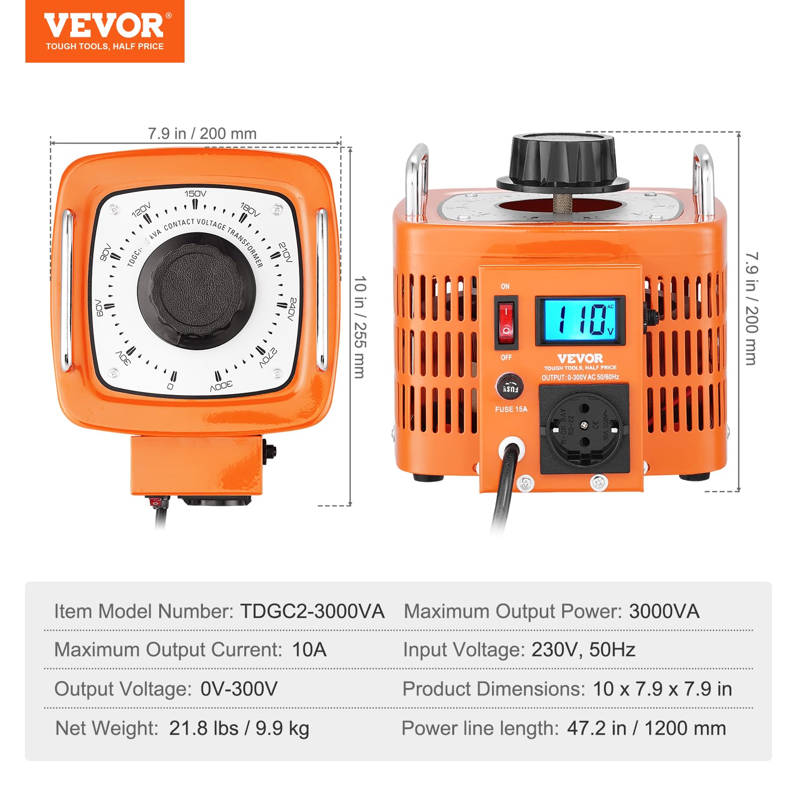 VEVOR Transformador de voltaje variable automático 3000VA, 10A, entrada 230V, salida 0-300V, regulador de voltaje CA LCD 4 fusibles, interruptor de control térmico para oficina industrial en el hogar