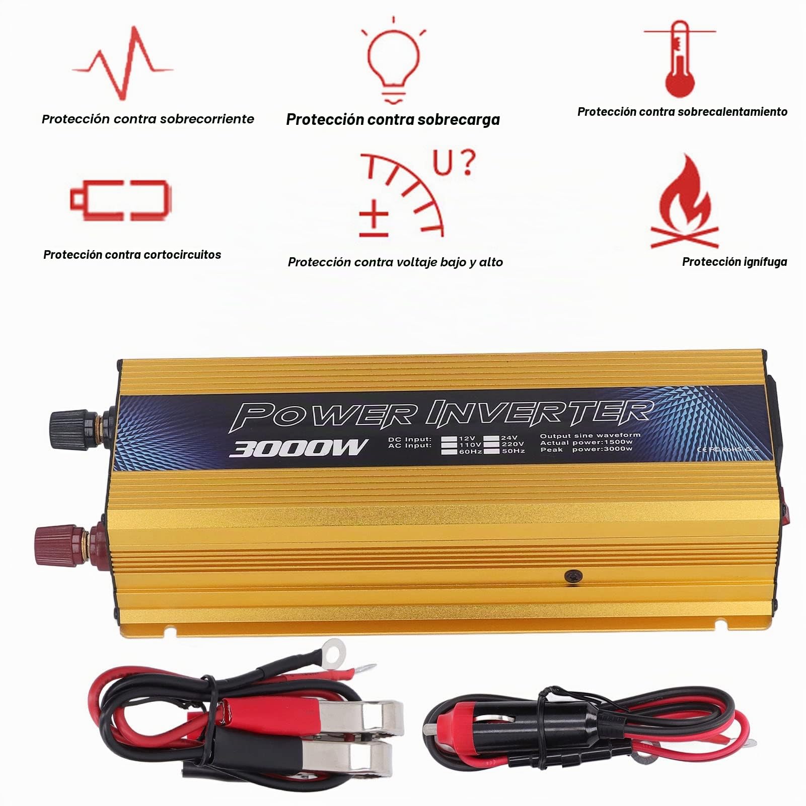 Inversor de Onda Sinusoidal Pura de 3000 W, Inversor de Corriente de 12 V CC a CA, Convertidor Solar Universal para Automóvil, Inversor Solar para Vehículos Al Aire Libre para (220 V)