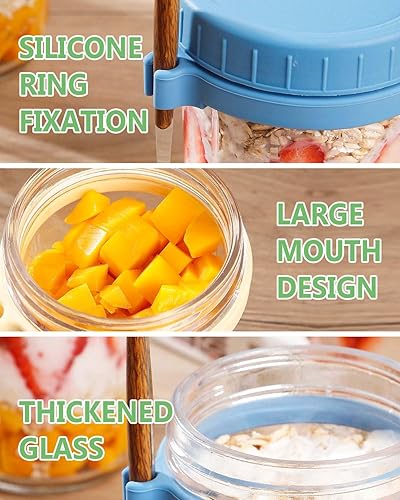 Miniatura 5 de Kevenal Recipientes de avena durante la noche con tapas y cuchara, paquete de 4 tarros de 20 onzas para envases de avena durante la noche,