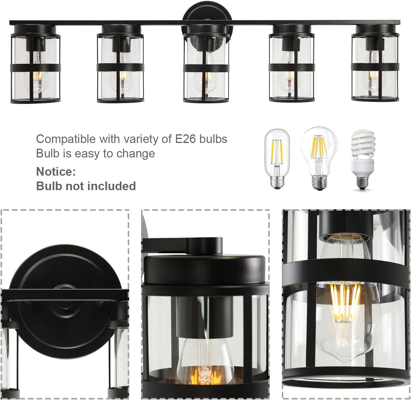 Flash Deals - 80% OFF ELUZE Bathroom Vanity Light ,5 Light Vintage Black Finish Wall Lighting with Clear Glass Shades Bath Lighting for Hallway Kitchen Bathroom Dressing Table Mirror Cabinets Vanity Table