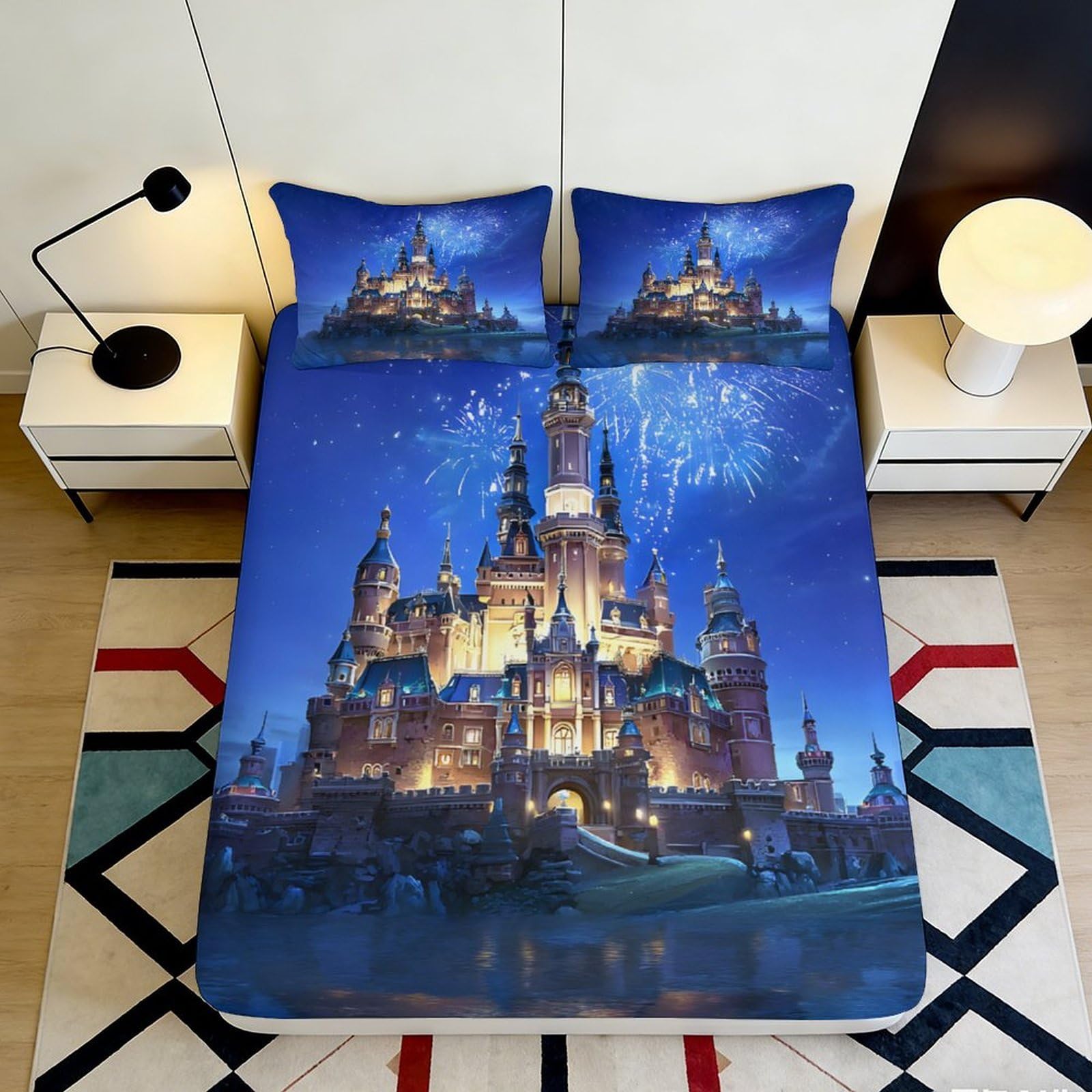 3D Printed Castle Fireworks Fitted Sheet Microfiber Soft Breathable Bed Cover for Bedroom Guest Room Decor 90x200x25cm