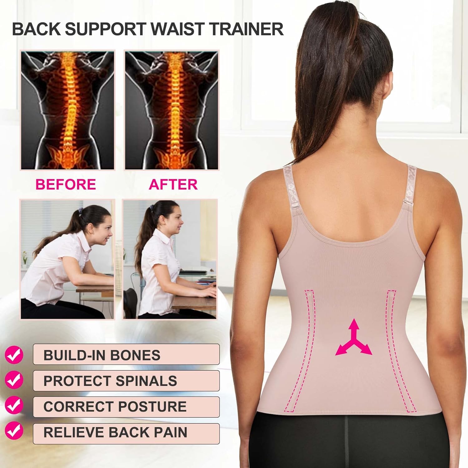 Miniatura 3 de Nebility Chaleco de entrenamiento de cintura para mujer corsé con cremallera moldeador de cuerpo camiseta sin mangas con correas ajustables