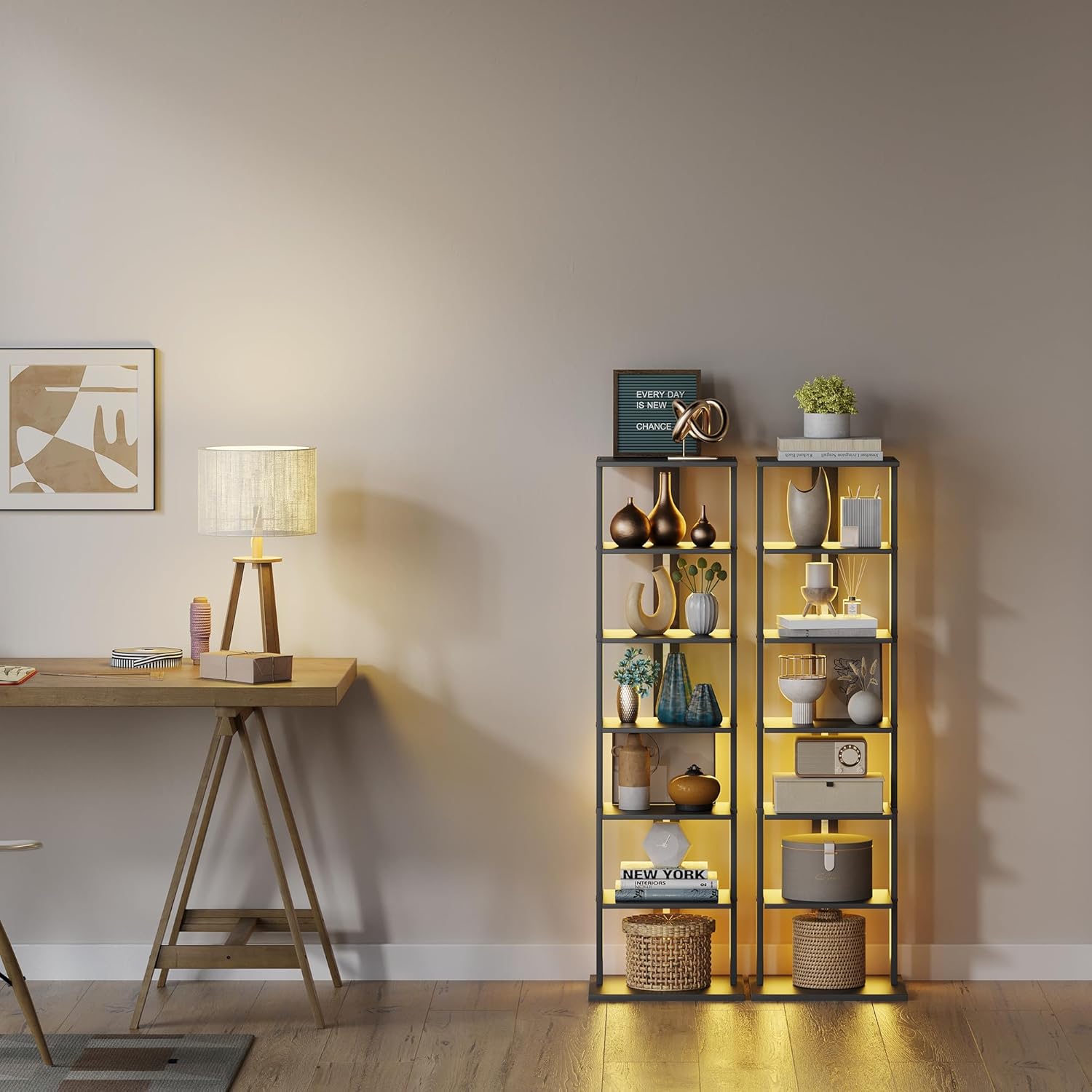 7-Tier Bookshelf, Narrow Bookcase with LED Lights, 47.2 Inch Book Shelf for Small Space, Display Storage Shelf for Living Room, Bedroom, Home Office, Study, Black