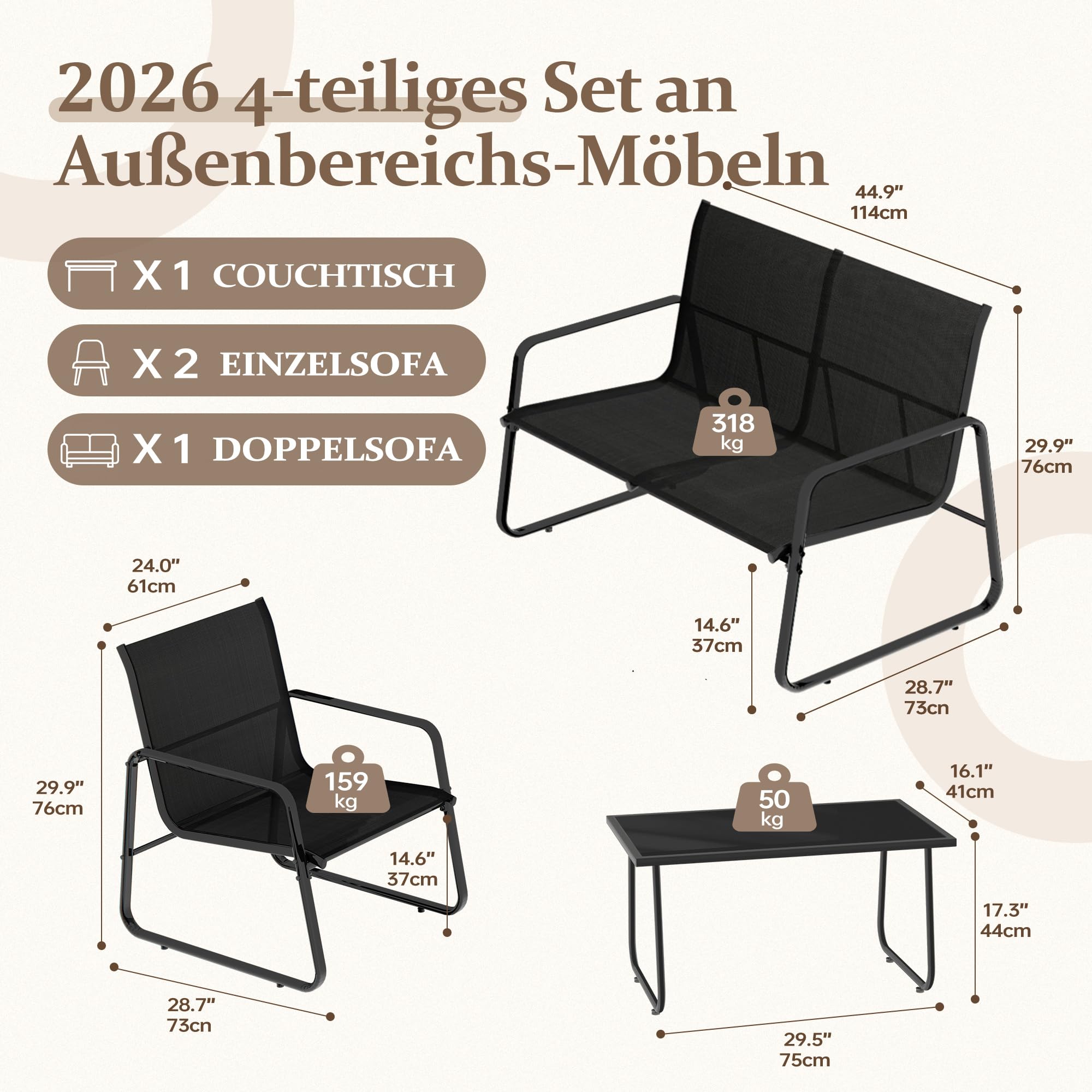 2026 Aufwertung 4-teiliges Garten Terrassen-Sitzset, Außenmöbel-Set mit Zweierstuhl, Zwei Einzelsitze, Tisch aus gehärtetem Glas, atmungsaktives Textilene und Stahlgestell für Balkon Terrasse Garten