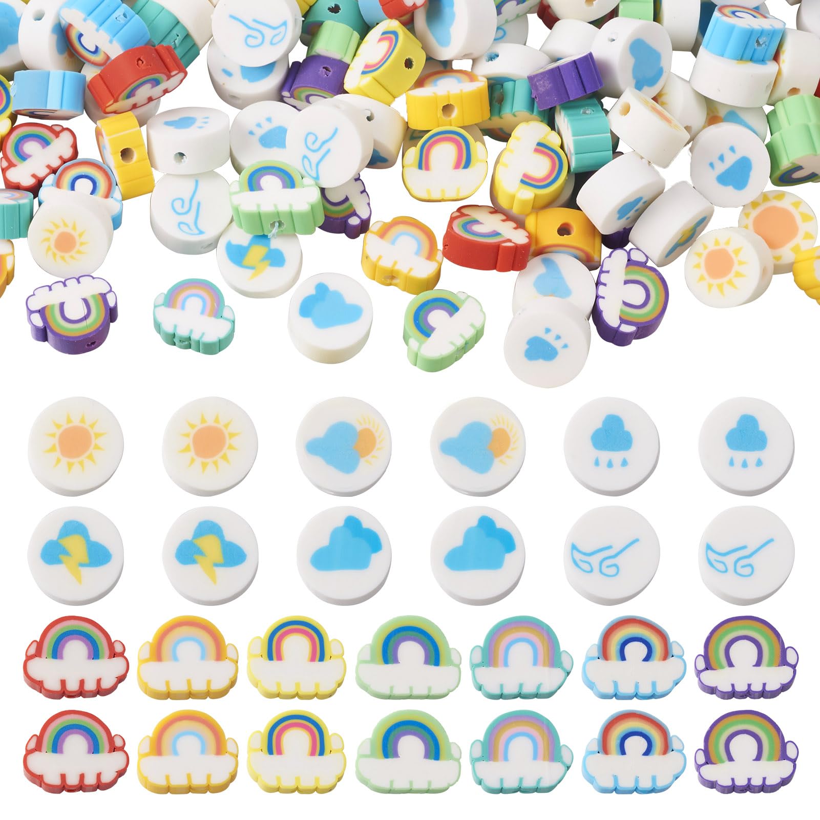 Pandahall 130Pcs Clouds Rainbow Beads Weather Theme Polymer Clay Beads Loose Spacer Beads for DIY Bracelet Necklace Jewelry Making