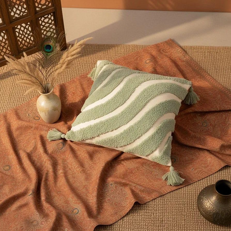 Image of Cushion Cover Pack of 4 (16x16 Inches) | Cotton Textured Decorative Throw Pillow Case for Sofa Bed Living Room Tufted Cushion Cover with Tassels (Green)