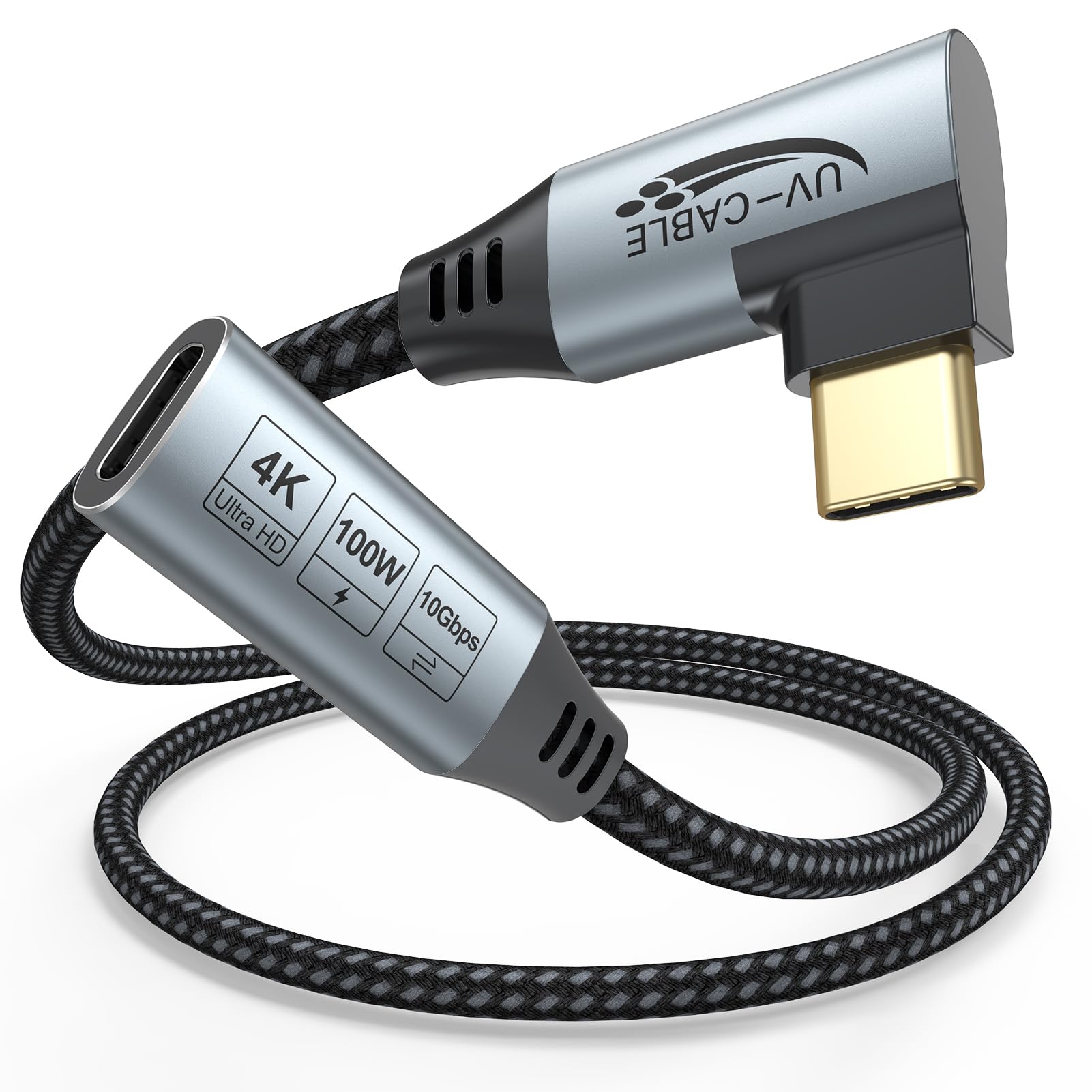 USB C Extension Cable Right Angle 3.3ft, USB 3.2 Gen 2 Extender Cord 100W 10Gbps 4K@60Hz Video, Small USBC Cable Male to Female Portable Monitor, Laptop Phone Switch Power Bank Docking Station