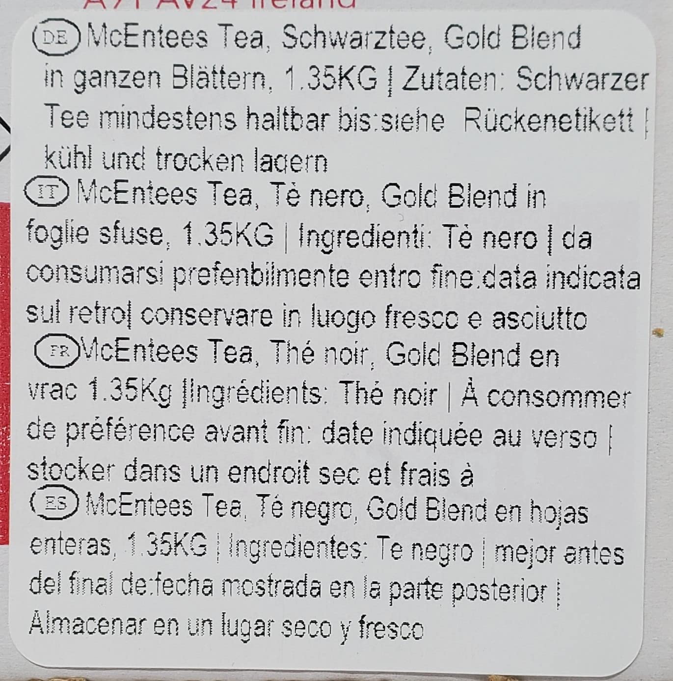 McEntee's Irish Loose Leaf Gold Blend Tea - Catering 1.35Kg - Blended in Ireland, Assam and Kenyan Tea. Strong and Malty