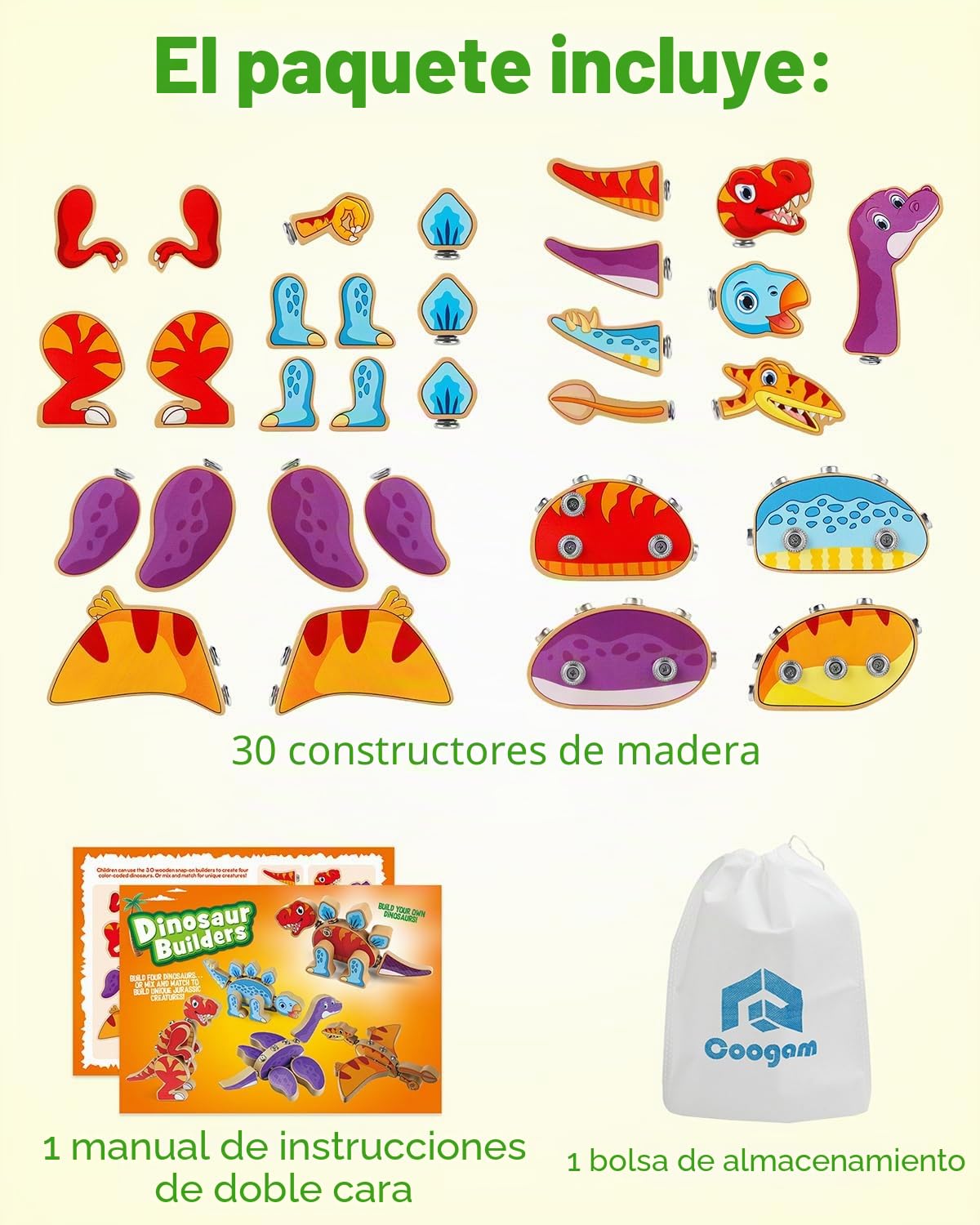 Coogam Juguetes de construcción de dinosaurio a presión, juego de dinosaurio de madera desmontable, STEM Montessori, juguete educativo de habilidades motoras finas, regalo para niños de 3, 4, 5 años