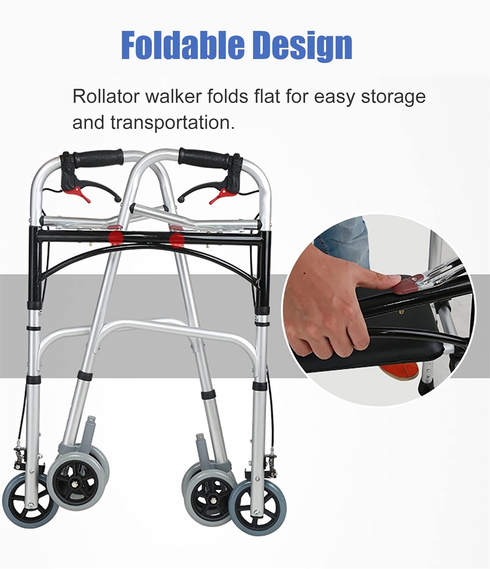 Chodzik Rollator z siedziskiem i hamulcami Składany lekki, aluminiowy chodzik dla osób w podeszłym wieku/niepełnosprawnych, przenośne siedzisko prysznicowe, wewnątrz na zewnątrz (kolor: 4 koła)