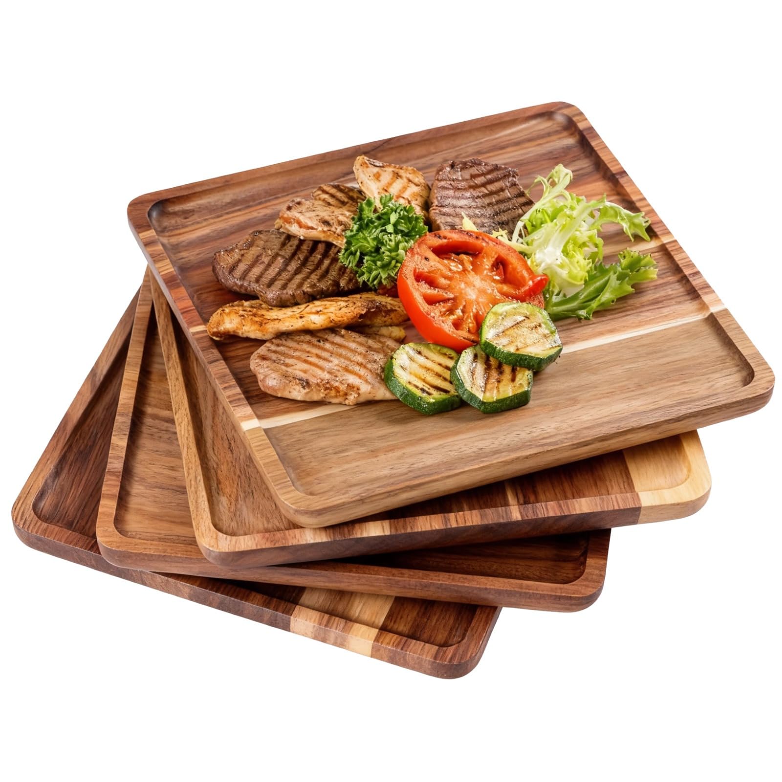 Assiettes de service carrées en bois d'acacia 25 cm | Lot de 4 plateaux empilables de cuisine
