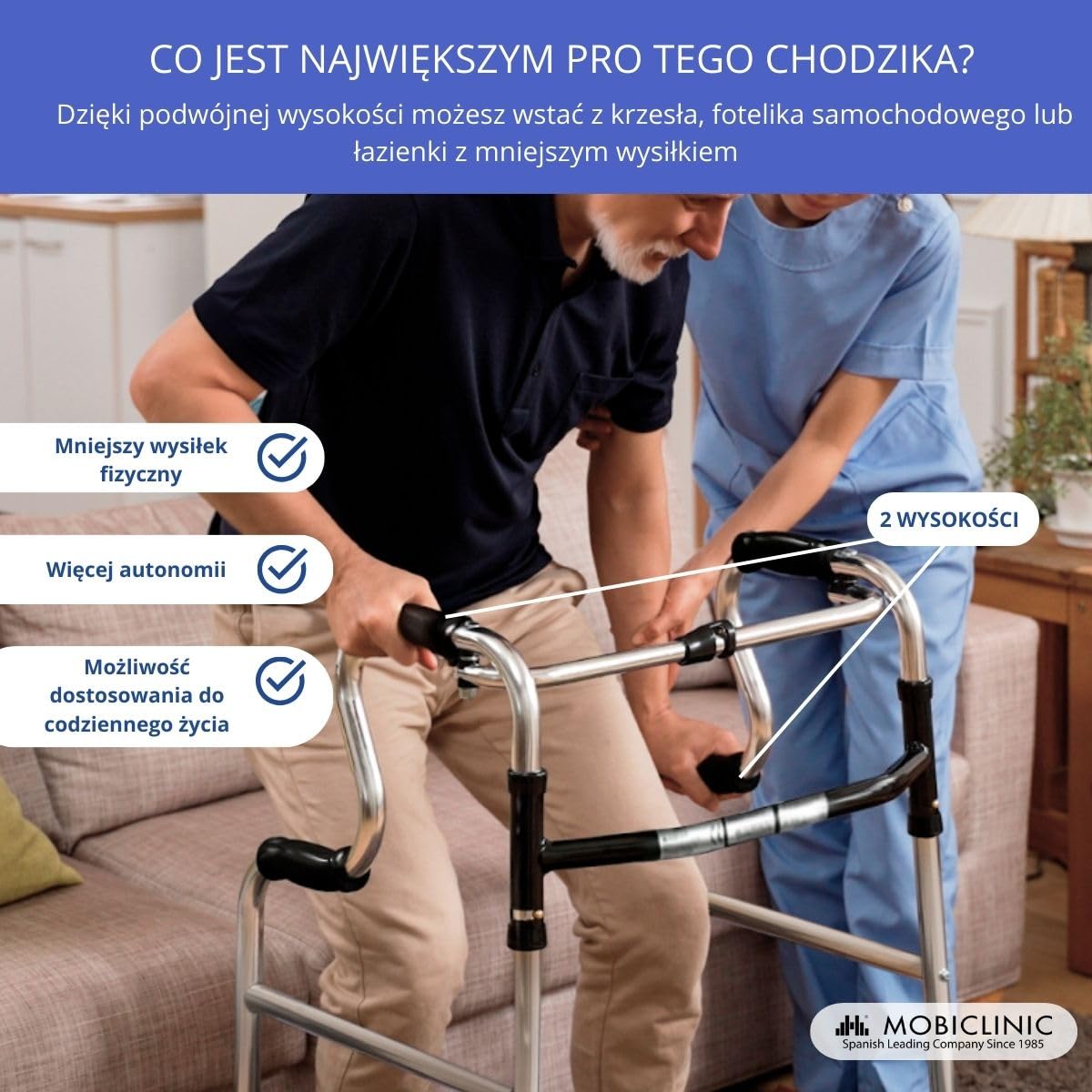 Mobiclinic®, Pórtico, Europejska marka, Chodzik, Regulacja wysokości, 2 składany, Lekki, Dla seniorów, Antypoślizgowy, Ergonomiczne uchwyty, Do 100 kg, Srebrny