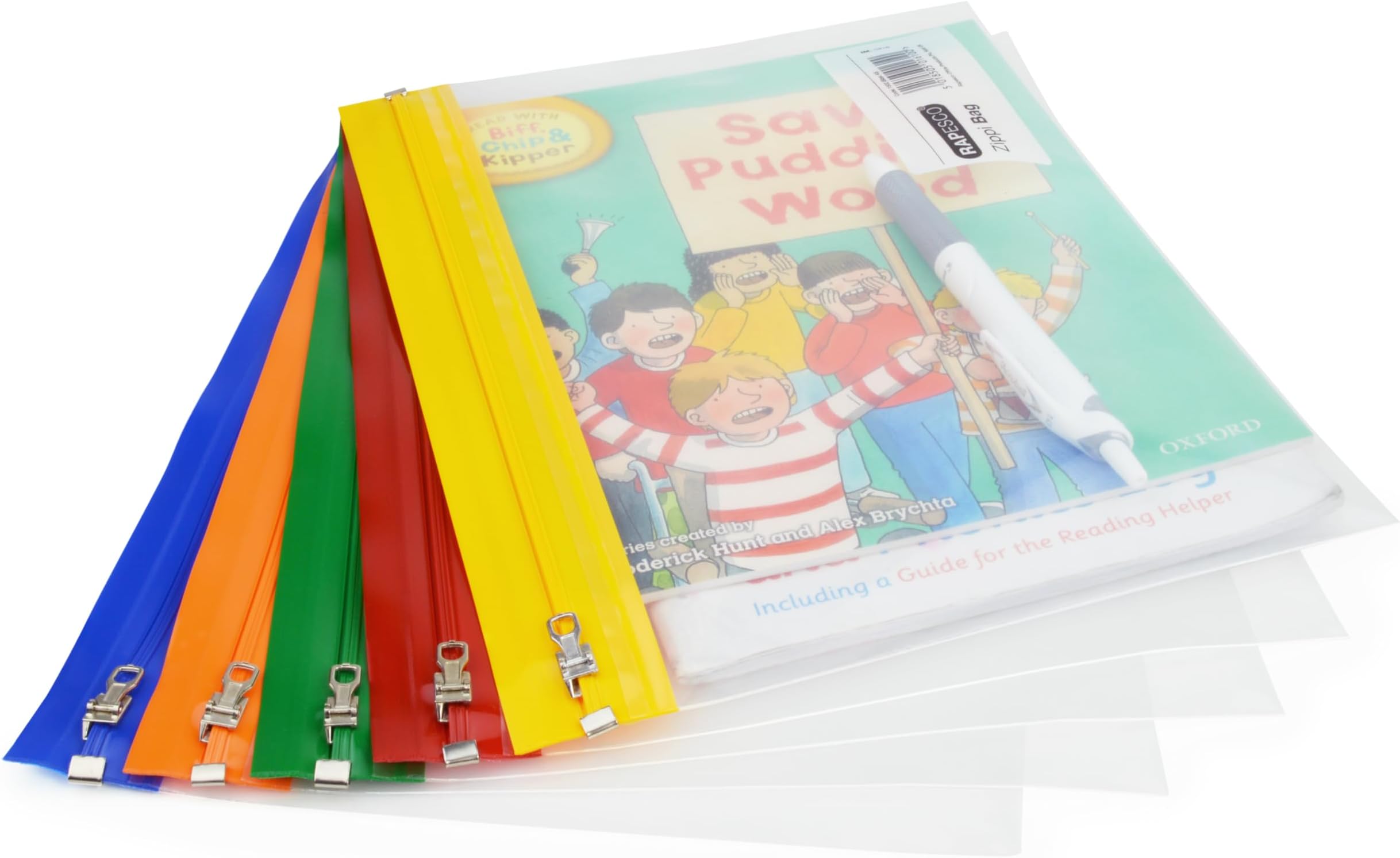 Rapesco 1502 Plastic Wallet Zip Folder, Metal Zip, A5, Transparent with Assorted Coloured Strips, Pack of 5