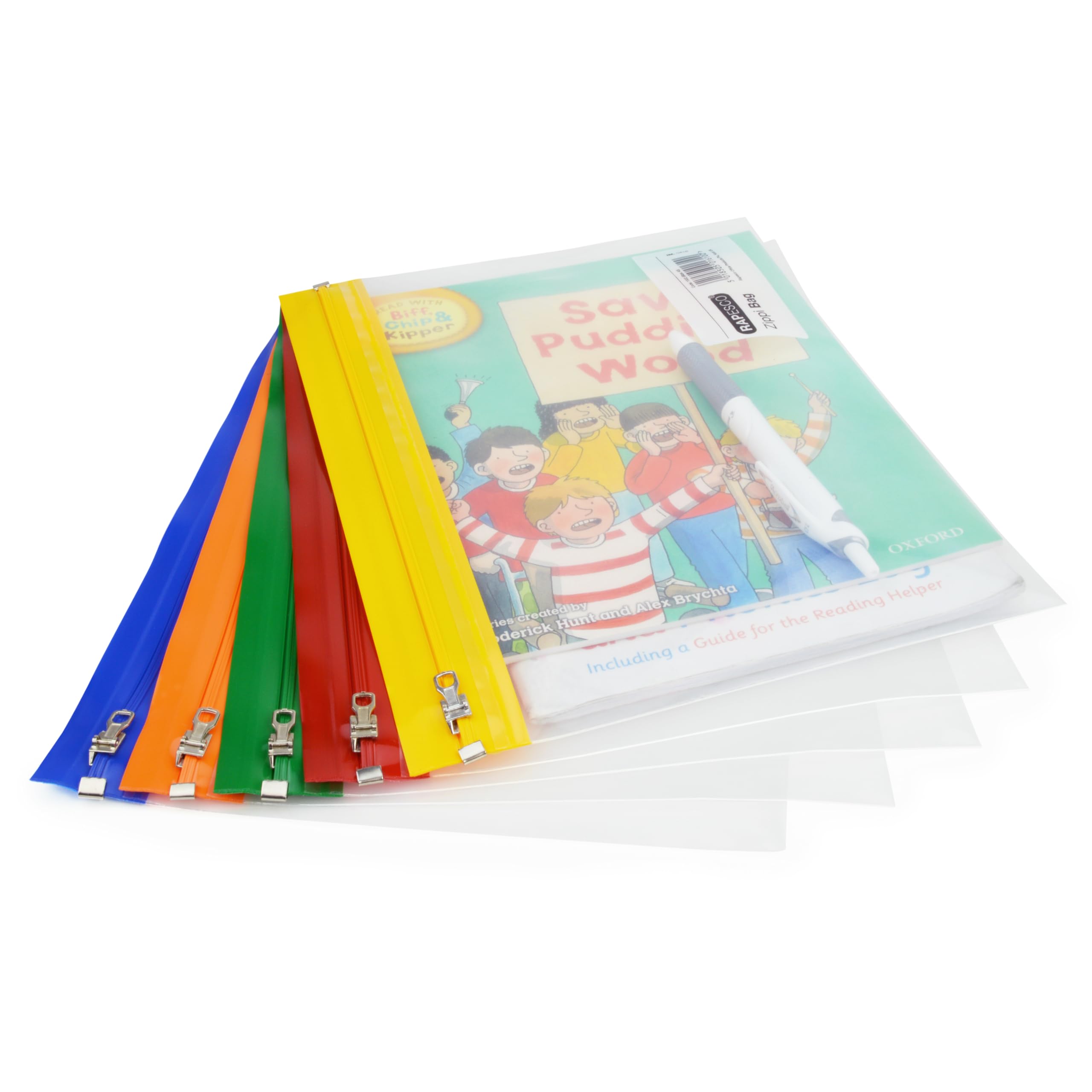Rapesco 1502 Plastic Wallet Zip Folder, Metal Zip, A5, Transparent with Assorted Coloured Strips, Pack of 5