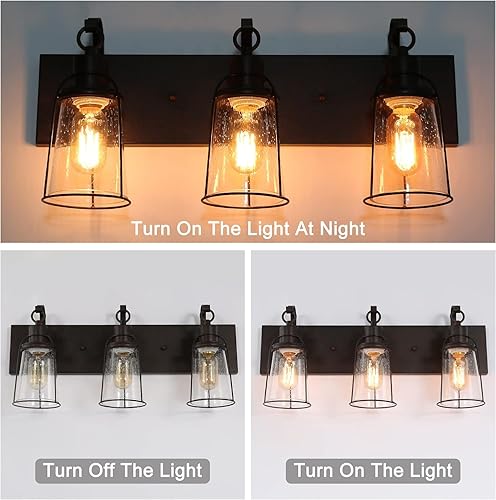 Miniatura 3 de LALUZ Lámpara de baño oxidada de granja, luces de tocador de 3 luces con pantalla de vidrio sembrado sobre espejo