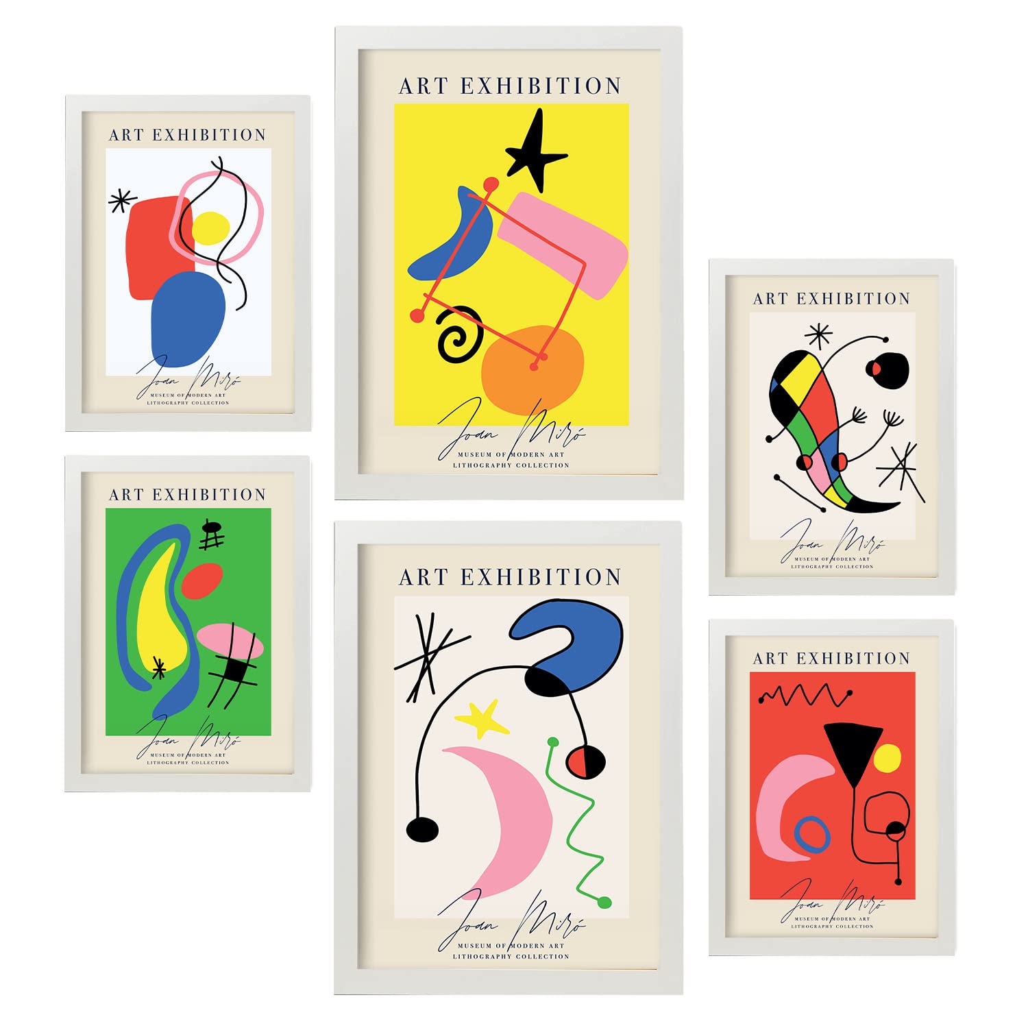 Nacnic Set of 6 Miró Art posters. Collection of posters in collage aesthetic for interior decoration. Sizes A3 and A4. White frame.