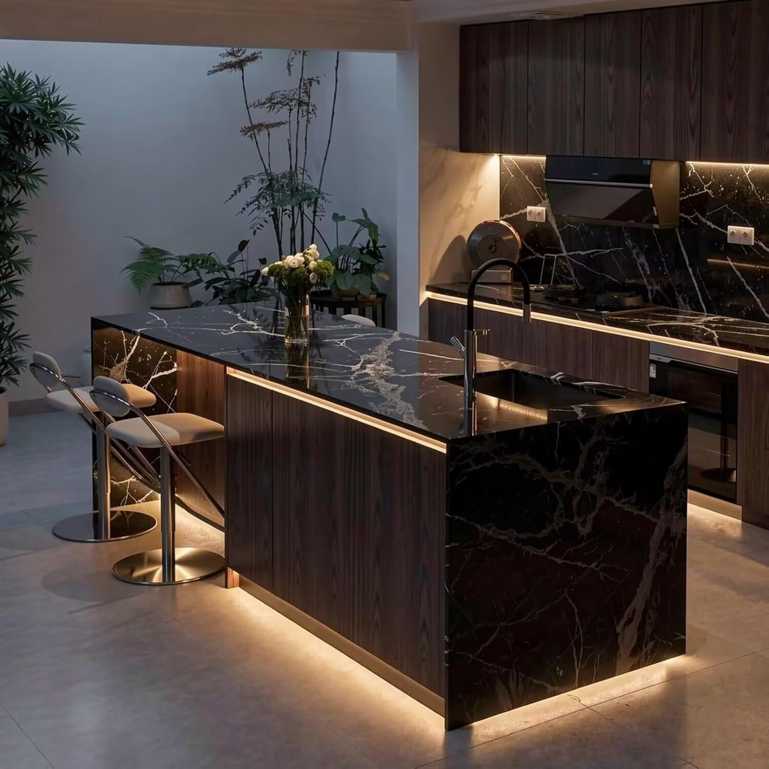 Kitchen Island with Storage - Kitchen Island Table with Integrated Sink, Modern Dinner Table Includes Under Cabinet Lighting, Power Outlets, Slate Patterned Top for 2 (68IN No Chairs)