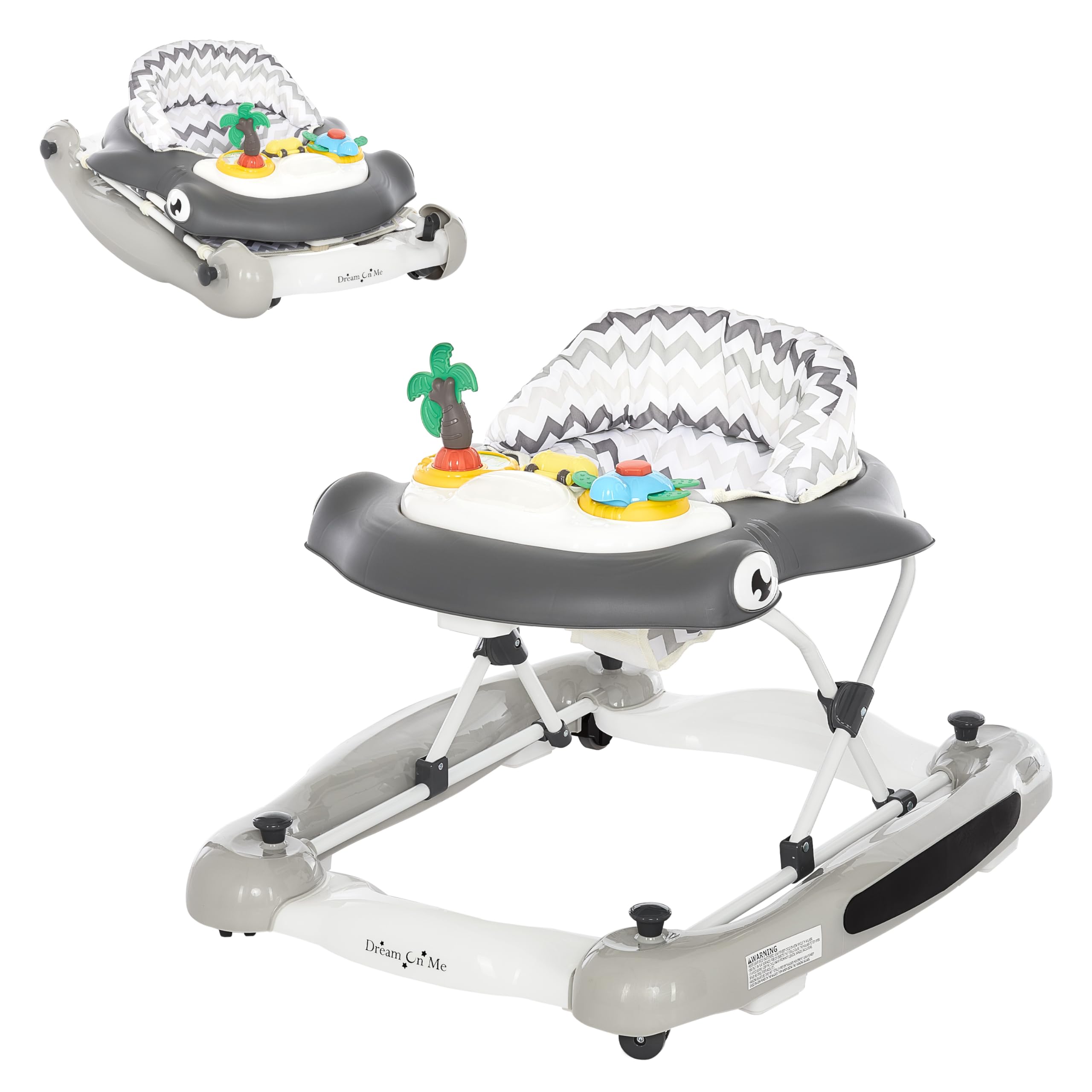Dream on Me 2-in-1 Aloha Fun Baby Walker in Grey, Easily Convertible Baby Walker, Adjustable Three Position Height Settings, Easy to Fold and Store