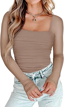 PINKMSTYLE Womens Square Neck Mesh Long Sleeve Bodysuit Shapewear Corset Tops Sexy Concert Outfits Party Shirts