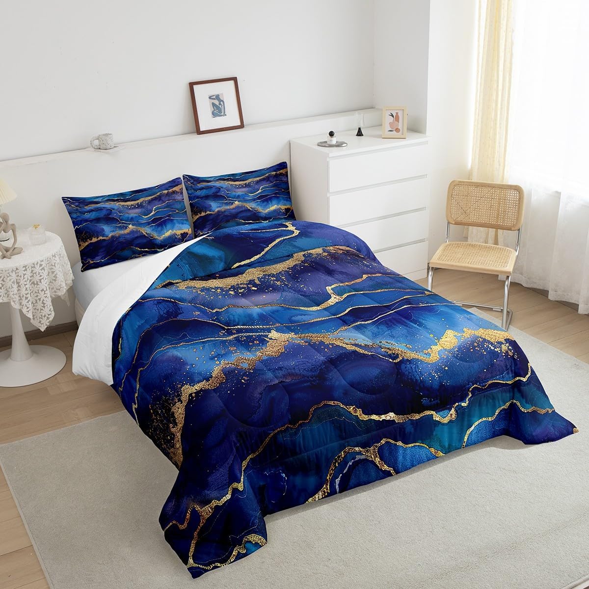 Gold Glitter Marbling Comforter Set - Marble Decor Duvet Insert - Bronzing Fluid Watercolor Blue Bedding Comforter Sets - 2 Pillow Cases