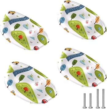 4 Pack Cartoon Cars Transportation Trees Cabinet Pulls, Bin Cup Drawer Dresser Handles, Cabinet Handle, 2.6 inch Hole Center Kitchen Cupboard Pull with Screws, Drawer Hardware