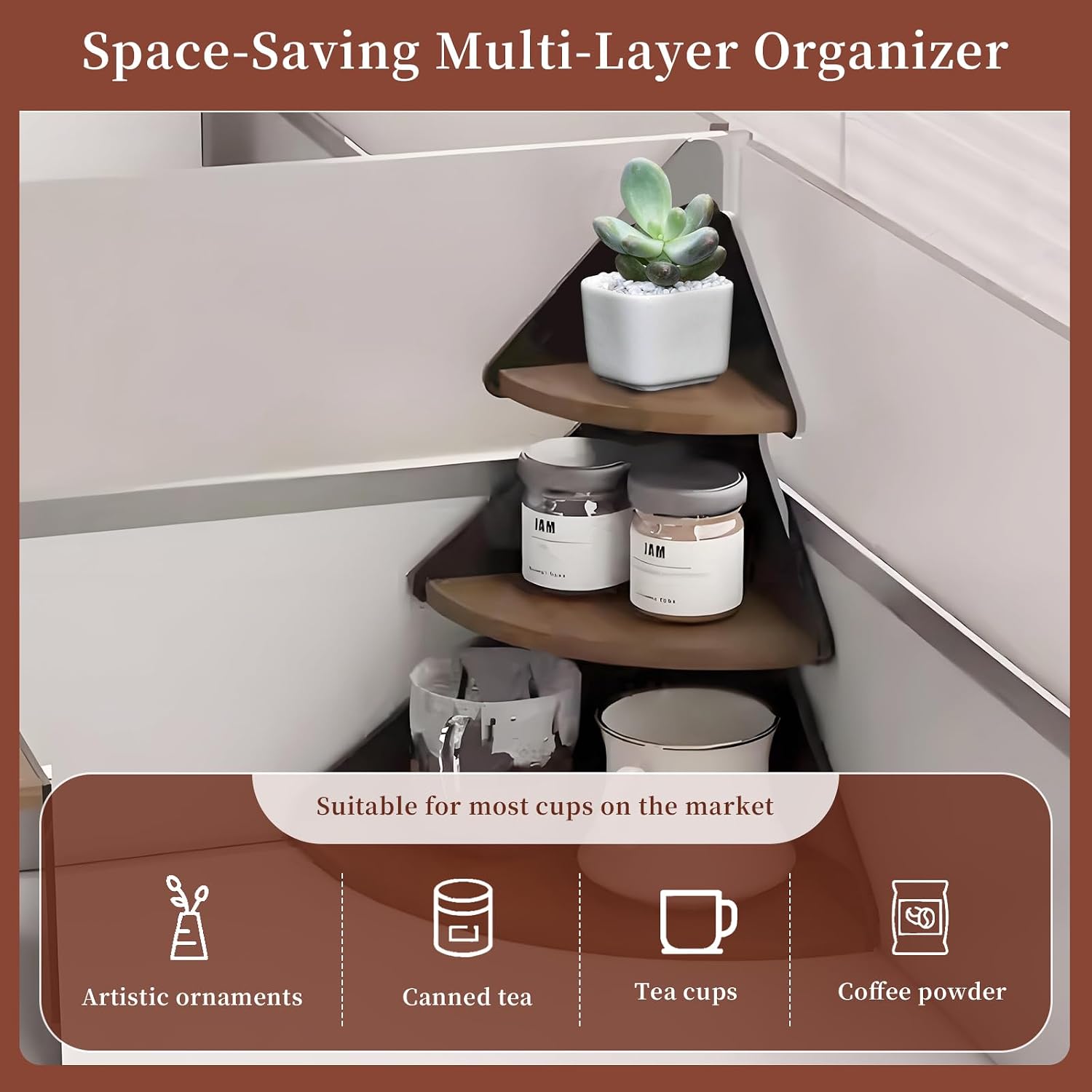 Coffee Mug Organizer Corner, Corner Coffee Mug Holder, Cup Organizer for Kitchen Cabinets – Solid Wood Christmas Tree Design, Space-Saving Corner Cup Rack with Open Shelves, Fits Most Mugs
