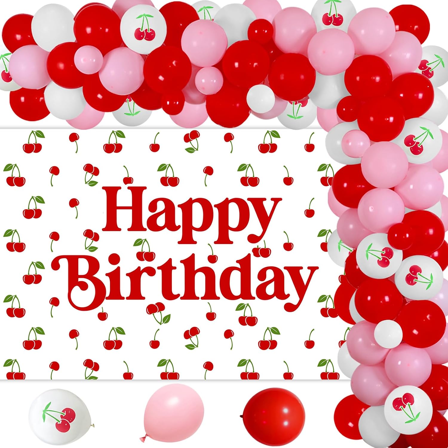 Cherry Birthday Party Decorations Cherry Theme Balloon Garland Arch Kit Red Happy Birthday Backdrop Banner Cherry Balloon for Summer Fruit Girl Birthday Baby Shower Party Decor Supplies