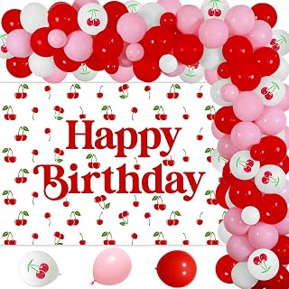 Cherry Birthday Party Decorations Cherry Theme Balloon Garland Arch Kit Red Happy Birthday Backdrop Banner Cherry Balloon for Summer Fruit Girl Birthday Baby Shower Party Decor Supplies