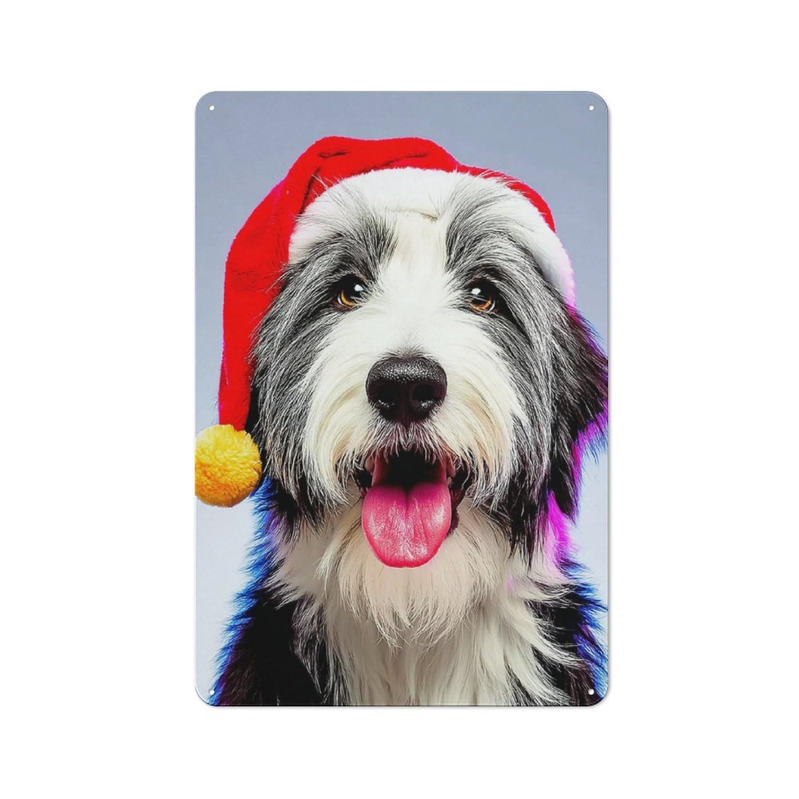 Junmoney Christmas Pup In Santa Hat Tin Wall Plaque 30X20cm With For Home Office Or Studio, For Home Office Decor Fans
