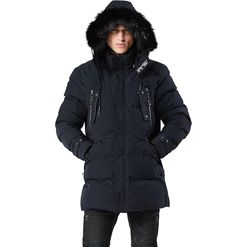 WEEN CHARM Men's Warm Parka Ski Jacket Water Resistant Puffer Jacket Long Winter Coat with Removable Faux Fur Hood