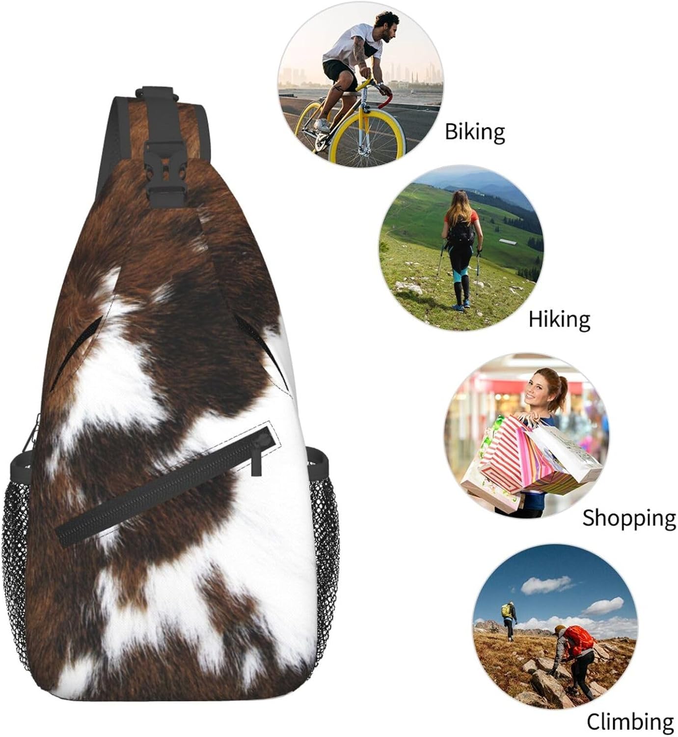Cow Print Sling Bag Spotted White and Brown Animal Skin Texture Crossbody Backpack Western Farmhouse Cowhide Pattern Chest Shoulder Bag Casual Gym Sports Travel Hiking Daypack for Women Men
