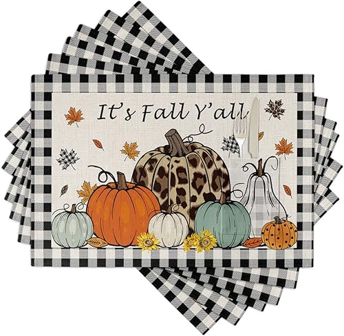 Miniatura 8 de Autumn Leaves Table Placemats for Dining Table Set of 4,Cotton Linen Cloth Kitchen Place Mats with Pocket,Washable SquareRectangleRoundOblong Table
