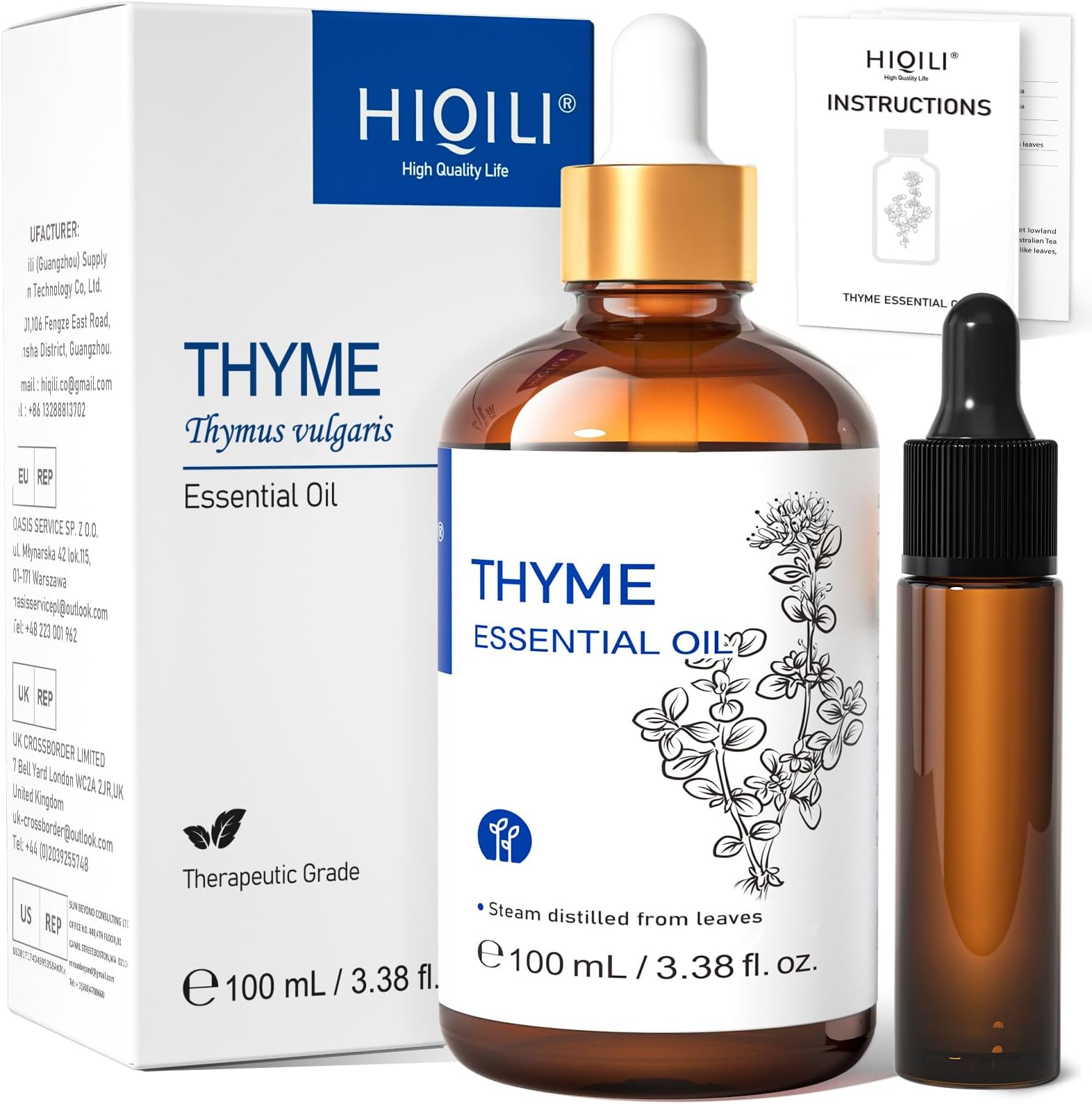 HIQILI 3.38 Fl Oz Thyme Essential Oil for Hair, Skin, Diffuser, Aromatherapy, Includes 10ML Travel Bottle - 100ML