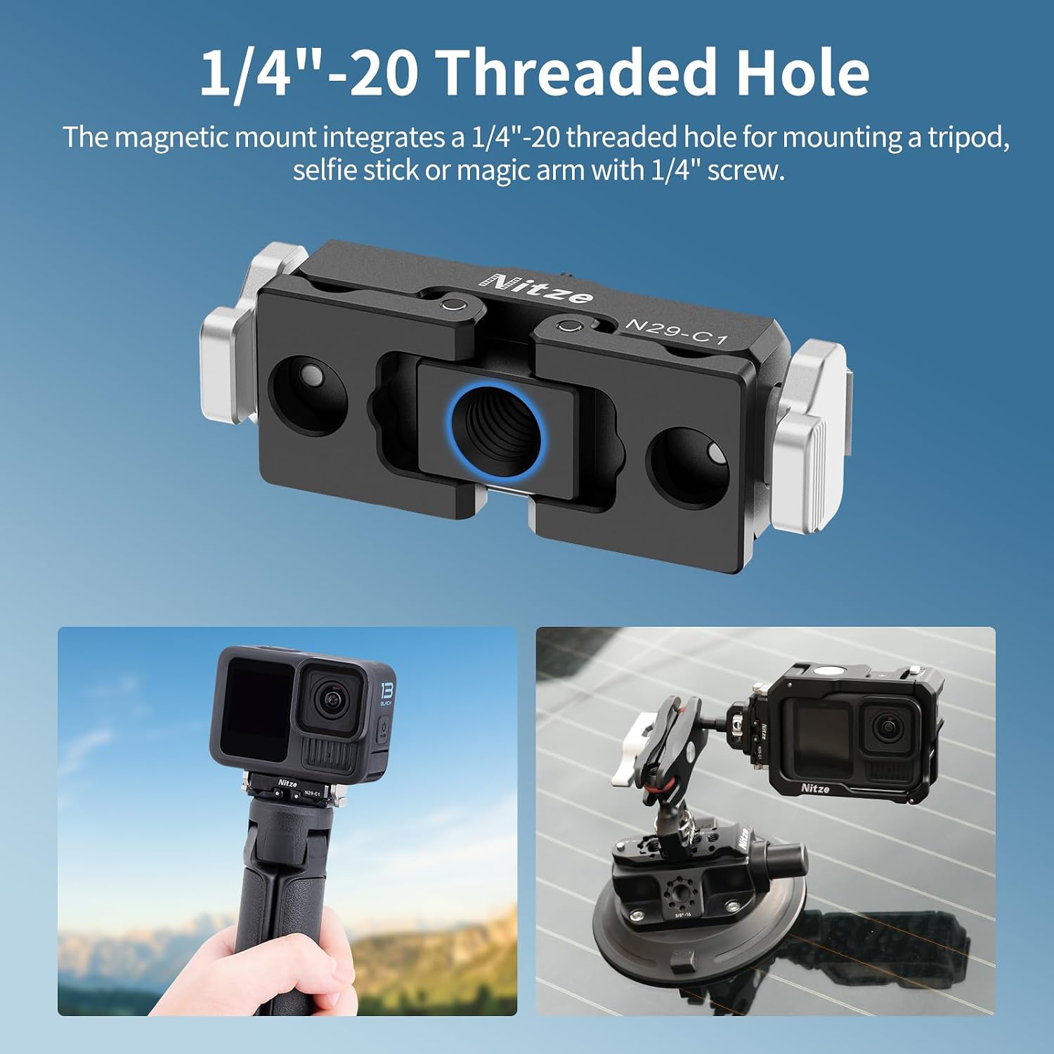 Nitze Magnetic Latch Mount for GoPro HERO13 / MAX2, Magnetic Quick Release Mount with 1/4" Threaded Hole and Foldable 2-Prong Mount for Tripod, Selfie Stick and Action Camera Accessories - N29-C1