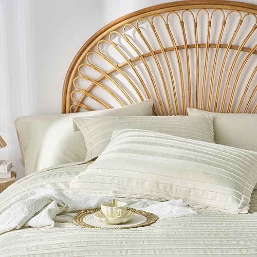 Miniatura 5 de Davulos Juego de edredón beige tamaño Queen, 7 piezas a rayas copetudas en una bolsa, juego de ropa de cama bohemio estilo shabby chic para todas