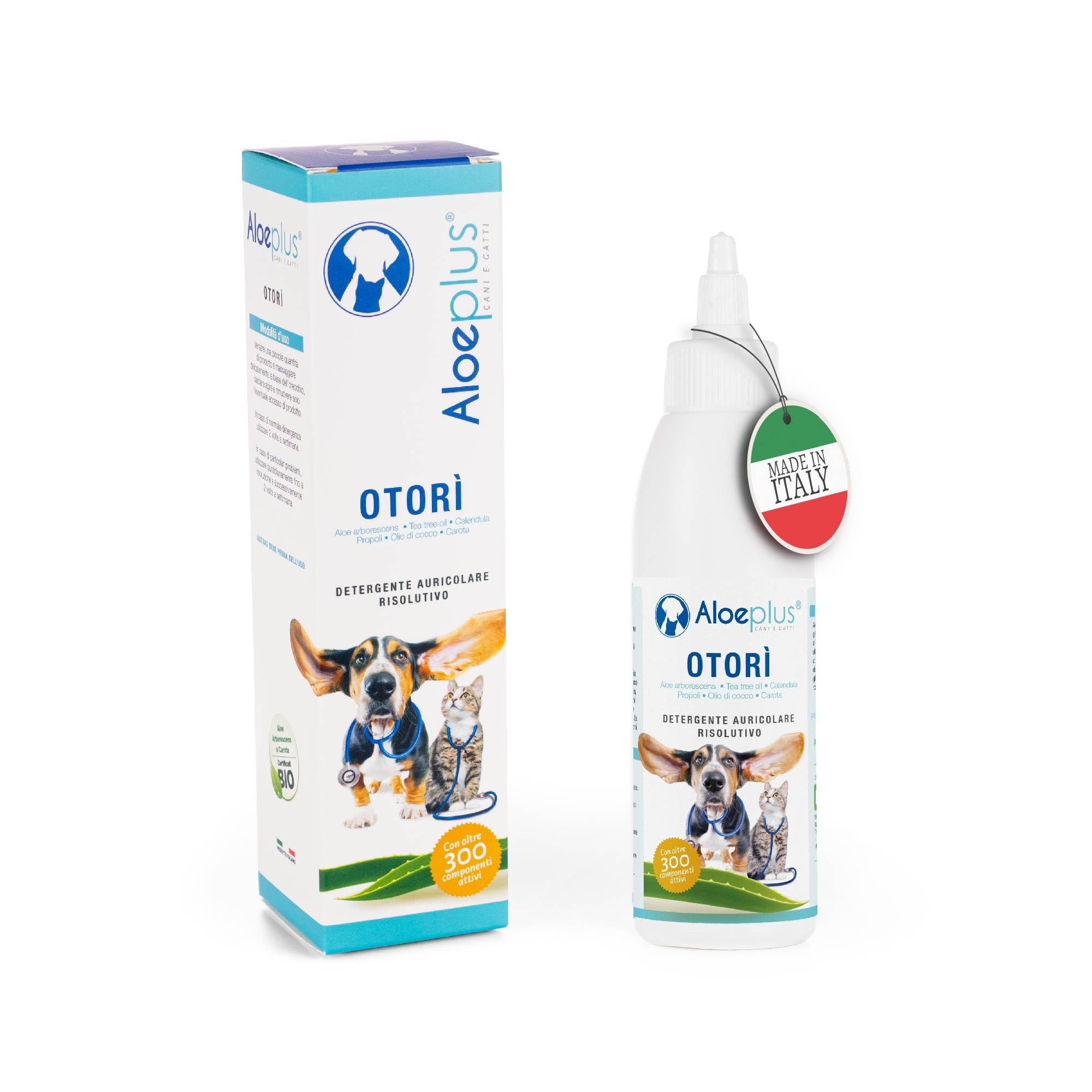 ALOEPLUS Otorì Detergente Orecchie Cane 125ml - per Pulizia Orecchie Cane e Gatti, 100% Naturale Aloe Arborescens BIO, Tea Tree Oil, Azione Emolliente e Lenitiva contro Prurito Cane (1.Confezione)