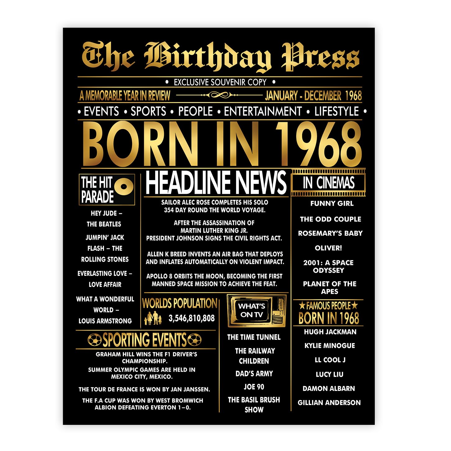 Stuff4 Gold 58th Birthday Poster Unframed - Golden Born In 1968 Newspaper - Happy 58 Birthday for Men Women Retro Vintage Gifts Back In 1968, 8x10 Inch Bday Party Decor Decoration