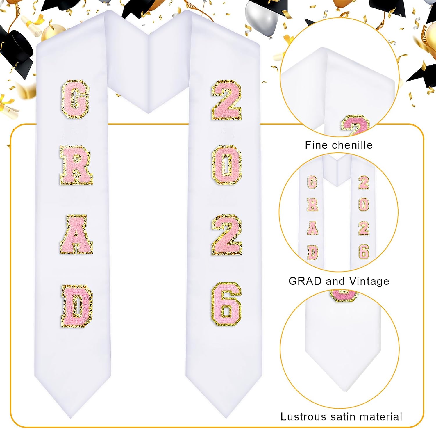 Cozypower White Graduation Stole Class of 2026 Grade Honor Stole Decor 3D Chenille Patches 72" Graduation Sash Unisex Gifts