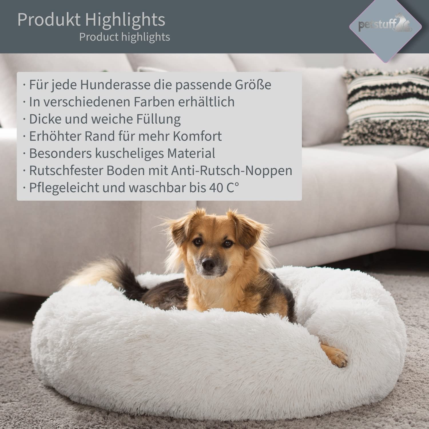 Hundebett Rund rutschfest waschbar Farb- und Größenwahl, beige, Ø 120 cm