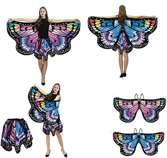 Halloween Butterfly Costume Wings Set with Skirt for Women Double-Sided Printing with Mask and Antenna Headband