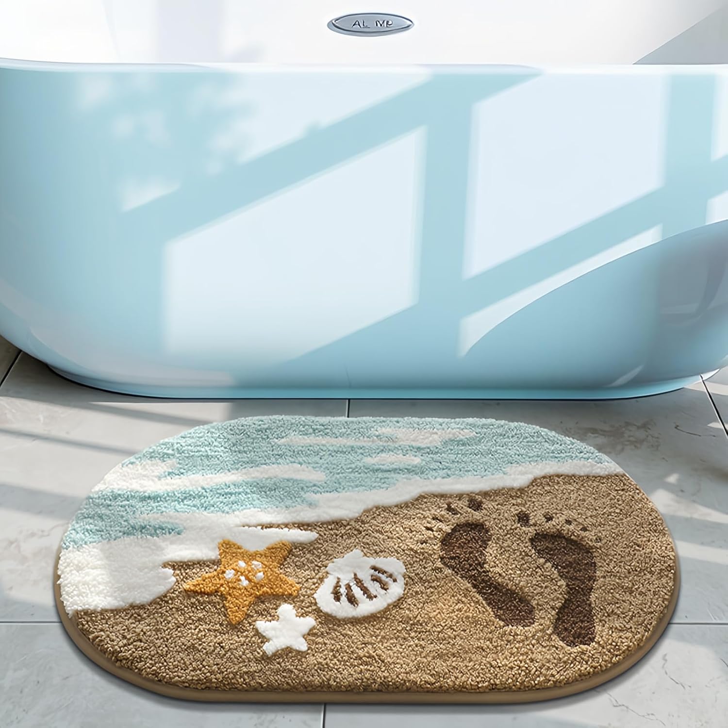 Blue Ocean Wave Bath Mat, Cute Funky Bathroom Rugs for Coastal Beach Nautical Themed Decor, Trendy Tufted Shower Mats 30"x 20" (Grey)